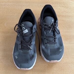 On Running Charcoal and Pink Athletic Shoes